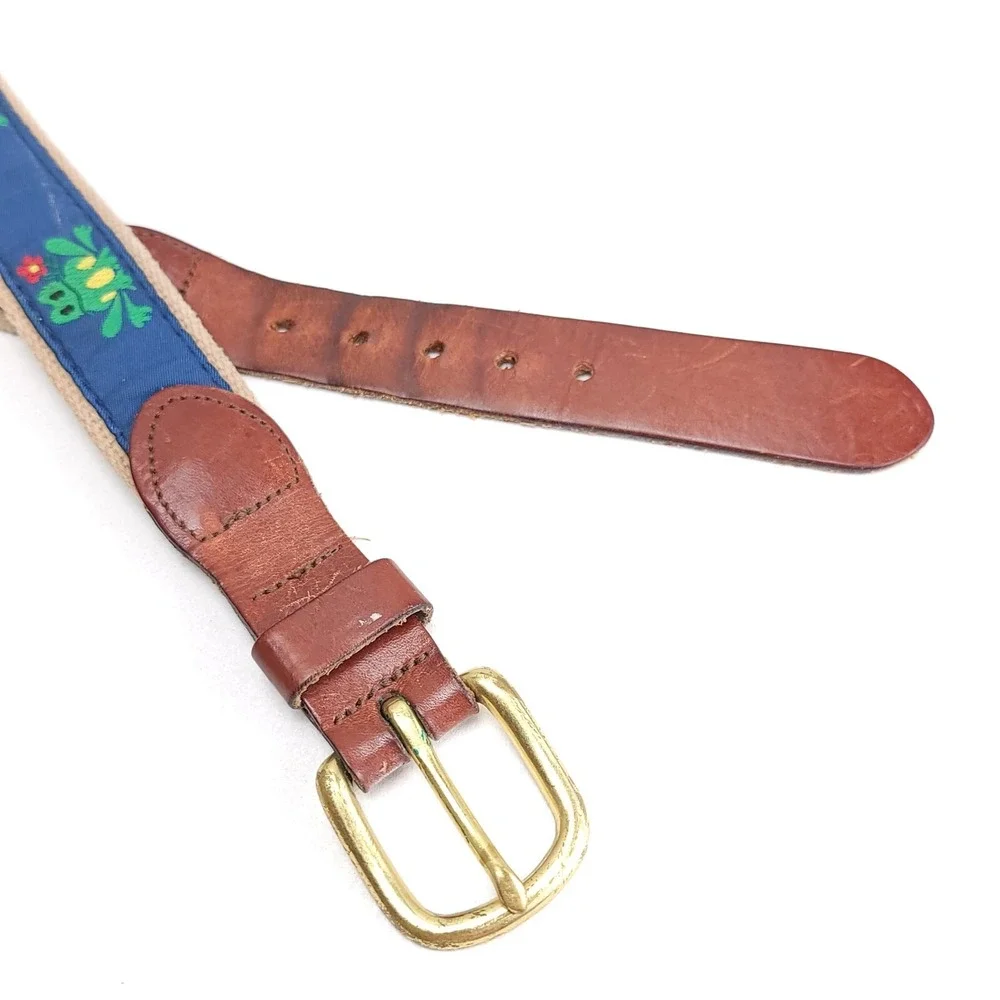 Leather Man Ltd. Tan Blue Frog‎ Frogs Leather Canvas Belt Men's Size 36